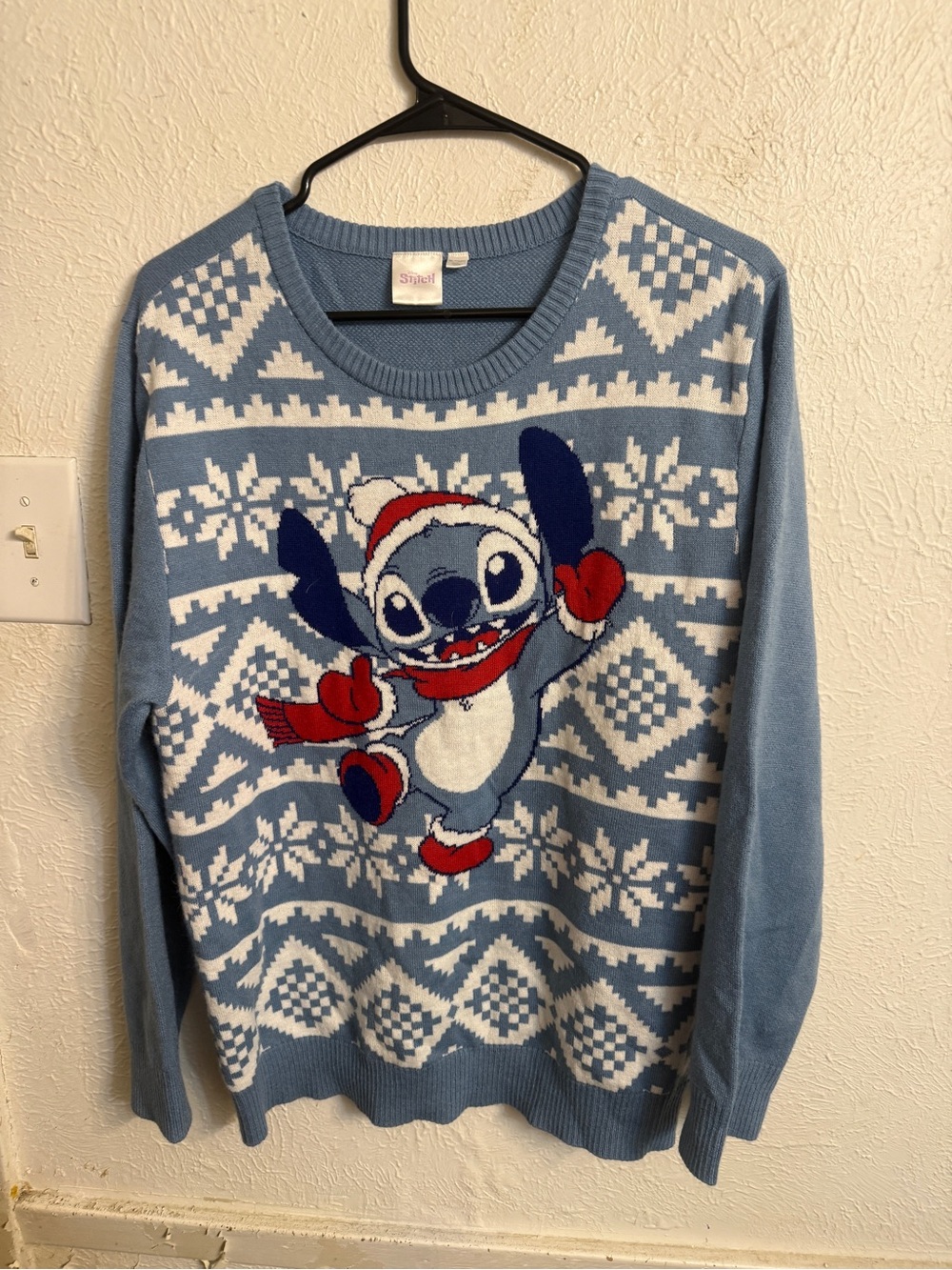 Disney Light Blue Stitch Crewneck Sweater with White & Red Accents